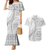 Polynesian White Sunday Couples Matching Mermaid Dress and Hawaiian Shirt Lotu Tamaiti Melanesian Pattern LT9 White - Polynesian Pride