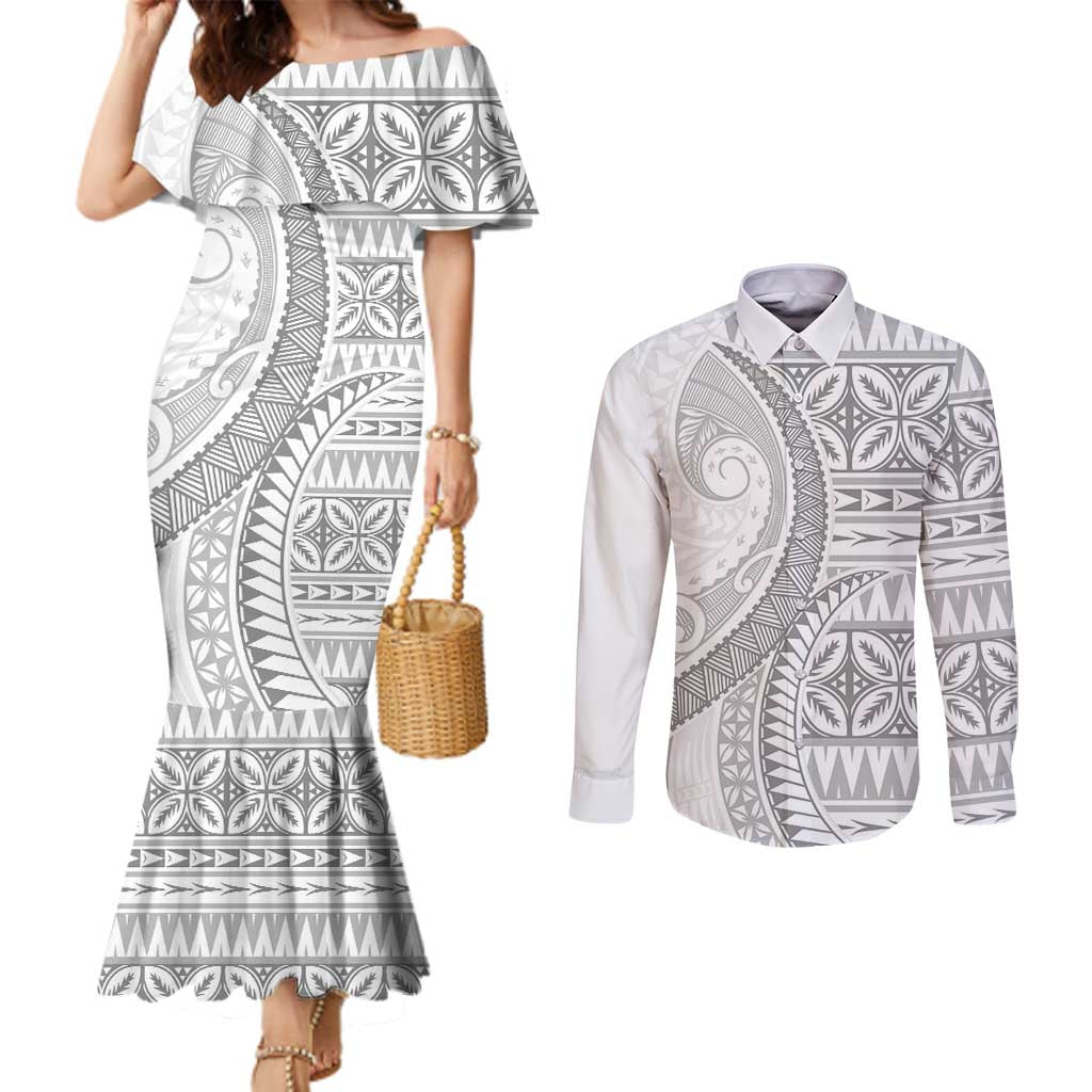 Polynesian White Sunday Couples Matching Mermaid Dress and Long Sleeve Button Shirt Lotu Tamaiti Melanesian Pattern LT9 White - Polynesian Pride