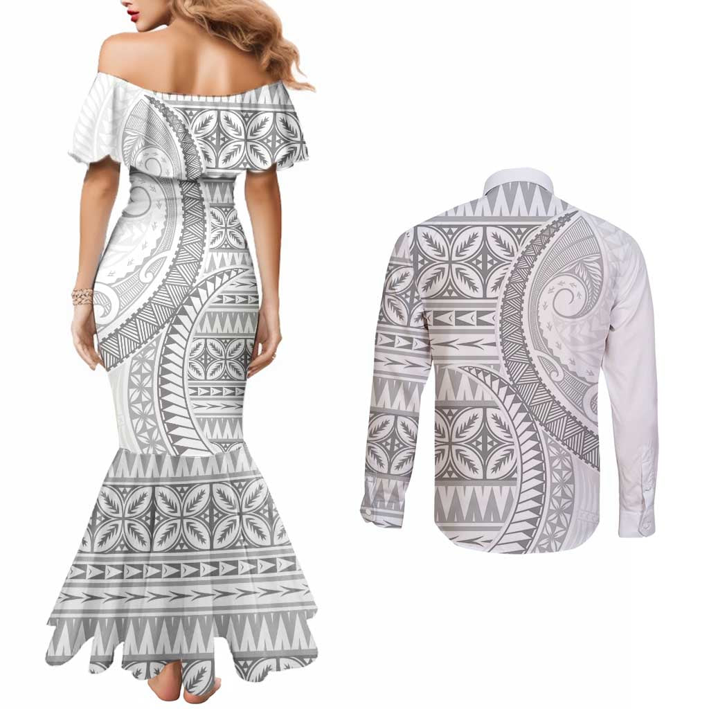 Polynesian White Sunday Couples Matching Mermaid Dress and Long Sleeve Button Shirt Lotu Tamaiti Melanesian Pattern LT9 - Polynesian Pride