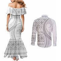 Polynesian White Sunday Couples Matching Mermaid Dress and Long Sleeve Button Shirt Lotu Tamaiti Melanesian Pattern LT9 - Polynesian Pride