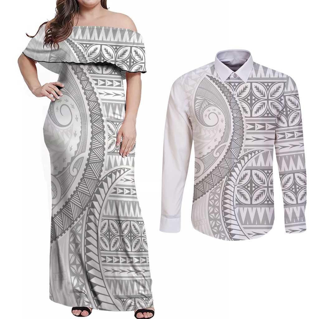 Polynesian White Sunday Couples Matching Off Shoulder Maxi Dress and Long Sleeve Button Shirt Lotu Tamaiti Melanesian Pattern LT9 White - Polynesian Pride