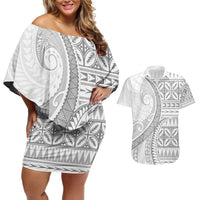 Polynesian White Sunday Couples Matching Off Shoulder Short Dress and Hawaiian Shirt Lotu Tamaiti Melanesian Pattern LT9 White - Polynesian Pride