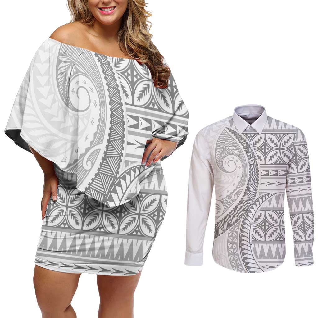 Polynesian White Sunday Couples Matching Off Shoulder Short Dress and Long Sleeve Button Shirt Lotu Tamaiti Melanesian Pattern LT9 White - Polynesian Pride