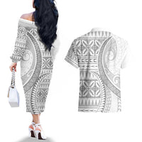 Polynesian White Sunday Couples Matching Off The Shoulder Long Sleeve Dress and Hawaiian Shirt Lotu Tamaiti Melanesian Pattern LT9 - Polynesian Pride
