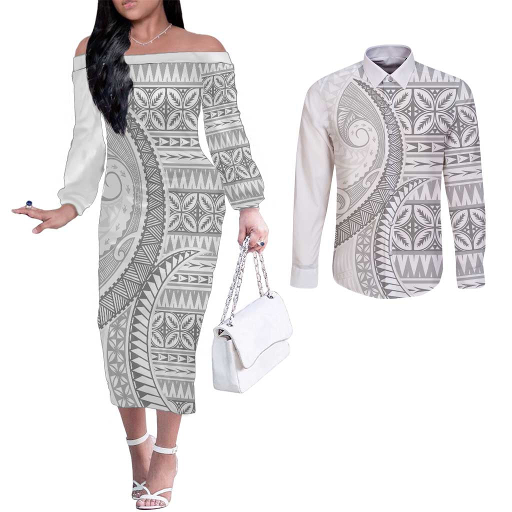 Polynesian White Sunday Couples Matching Off The Shoulder Long Sleeve Dress and Long Sleeve Button Shirt Lotu Tamaiti Melanesian Pattern LT9 White - Polynesian Pride