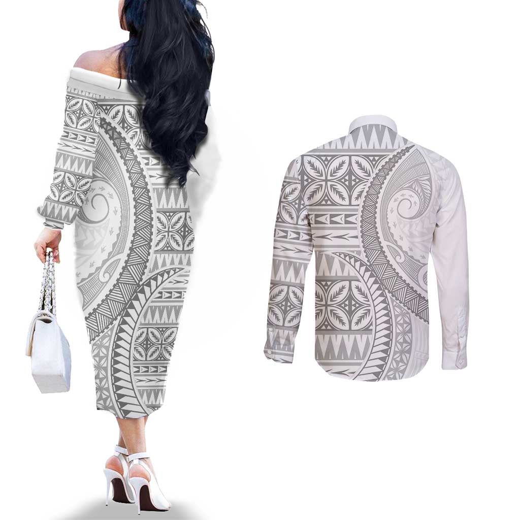 Polynesian White Sunday Couples Matching Off The Shoulder Long Sleeve Dress and Long Sleeve Button Shirt Lotu Tamaiti Melanesian Pattern LT9 - Polynesian Pride
