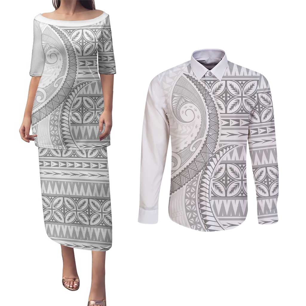 Polynesian White Sunday Couples Matching Puletasi and Long Sleeve Button Shirt Lotu Tamaiti Melanesian Pattern LT9 White - Polynesian Pride