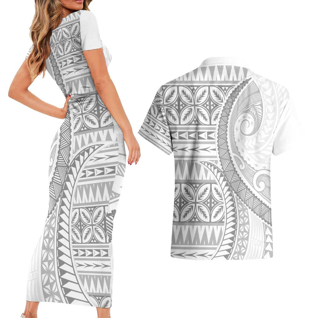 Polynesian White Sunday Couples Matching Short Sleeve Bodycon Dress and Hawaiian Shirt Lotu Tamaiti Melanesian Pattern LT9 - Polynesian Pride