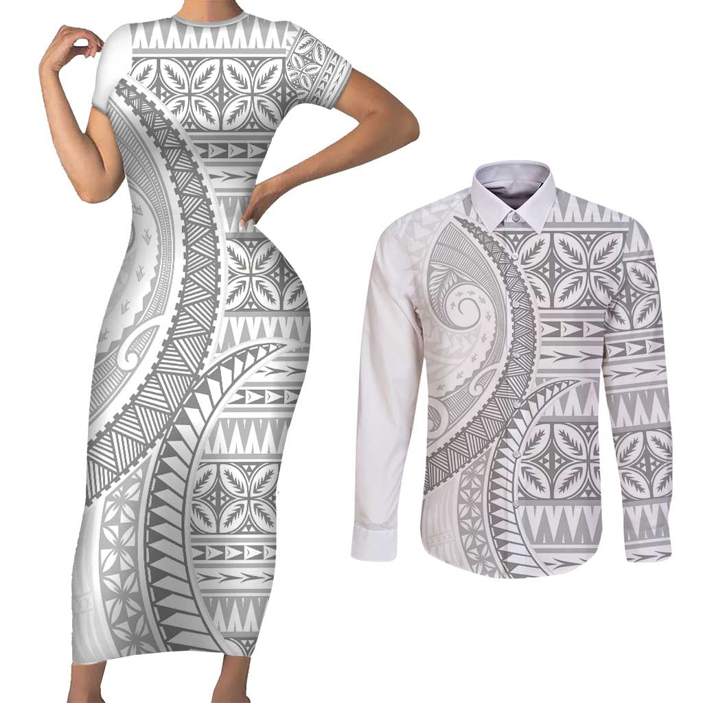 Polynesian White Sunday Couples Matching Short Sleeve Bodycon Dress and Long Sleeve Button Shirt Lotu Tamaiti Melanesian Pattern LT9 White - Polynesian Pride