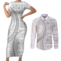 Polynesian White Sunday Couples Matching Short Sleeve Bodycon Dress and Long Sleeve Button Shirt Lotu Tamaiti Melanesian Pattern LT9 White - Polynesian Pride