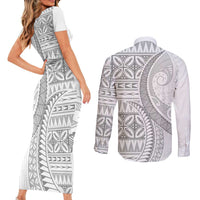 Polynesian White Sunday Couples Matching Short Sleeve Bodycon Dress and Long Sleeve Button Shirt Lotu Tamaiti Melanesian Pattern LT9 - Polynesian Pride