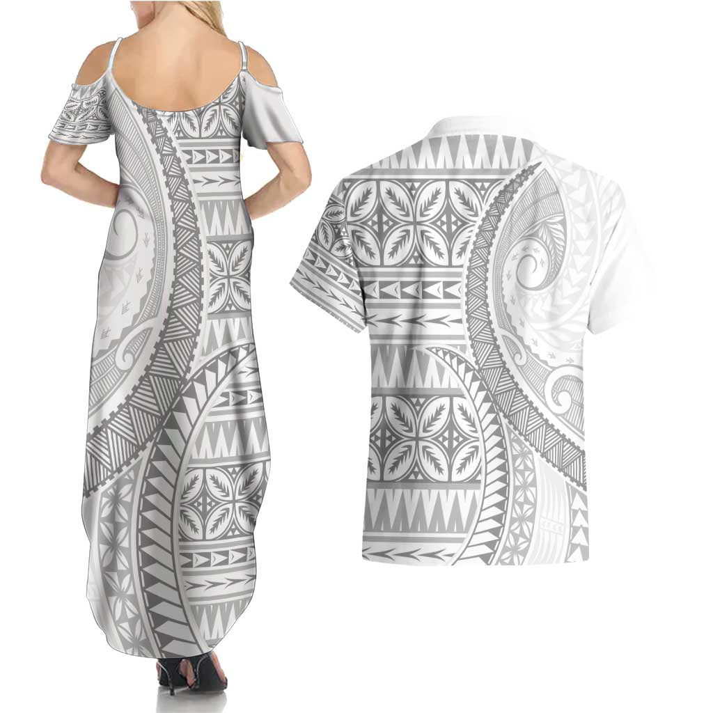 Polynesian White Sunday Couples Matching Summer Maxi Dress and Hawaiian Shirt Lotu Tamaiti Melanesian Pattern LT9 - Polynesian Pride