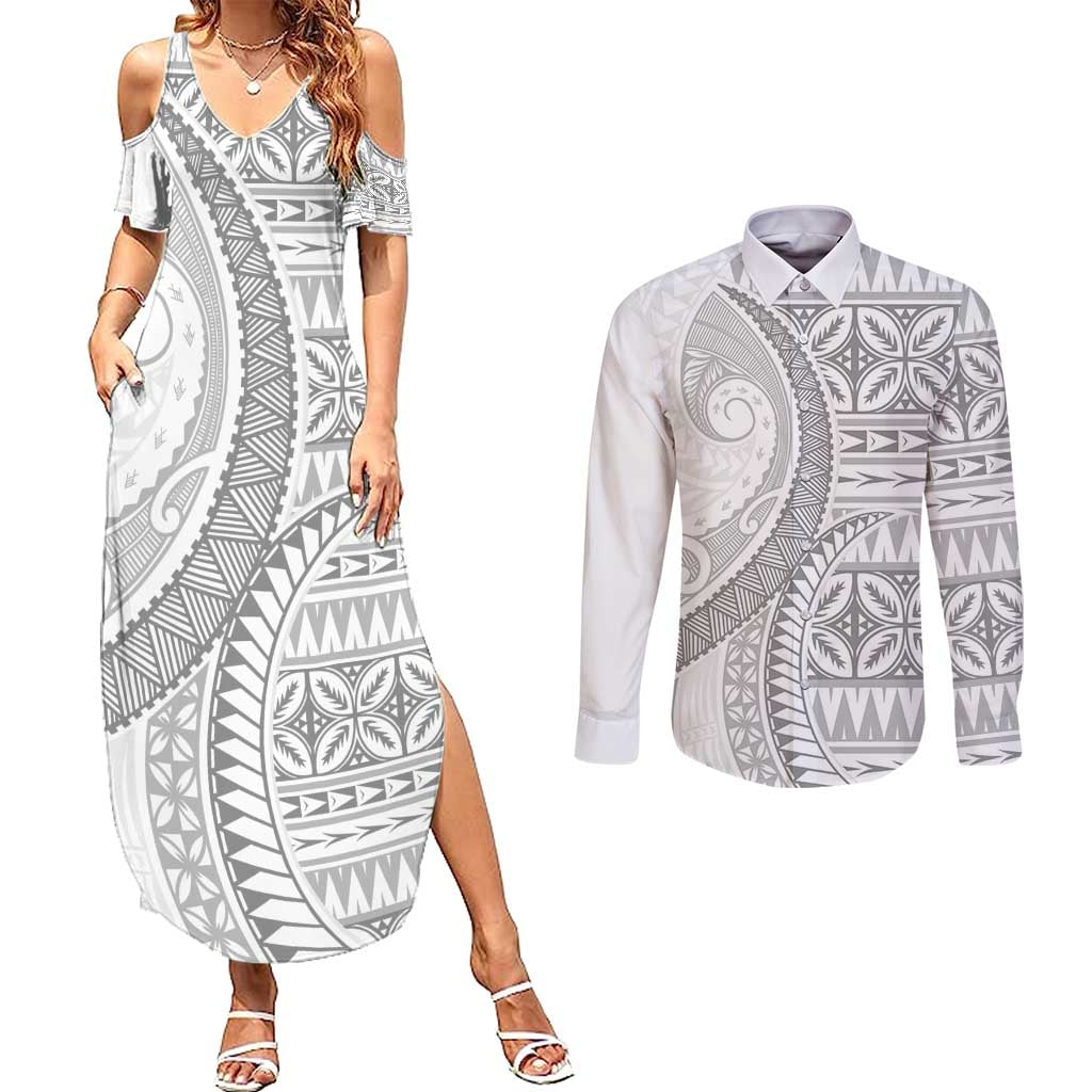 Polynesian White Sunday Couples Matching Summer Maxi Dress and Long Sleeve Button Shirt Lotu Tamaiti Melanesian Pattern LT9 White - Polynesian Pride