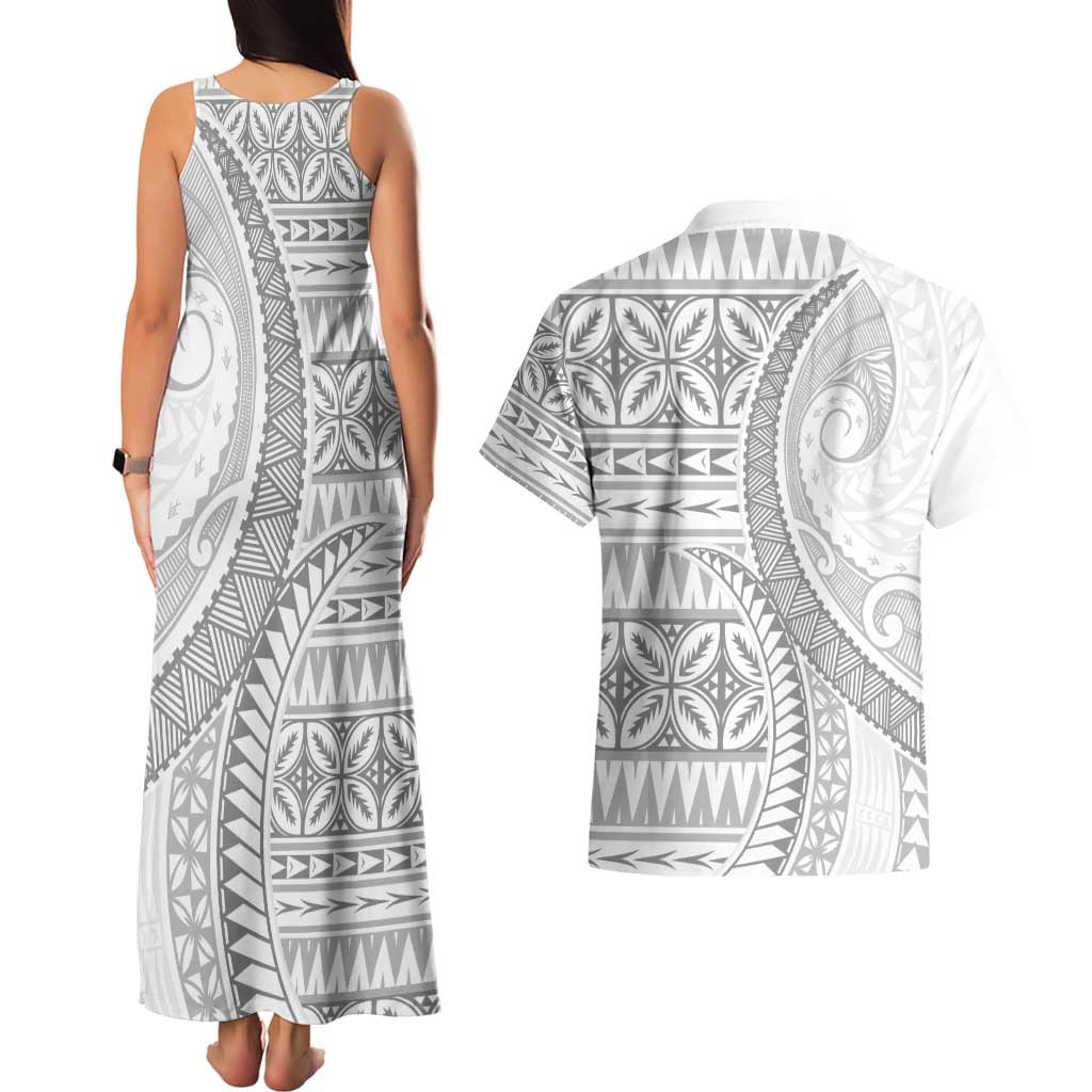 Polynesian White Sunday Couples Matching Tank Maxi Dress and Hawaiian Shirt Lotu Tamaiti Melanesian Pattern LT9 - Polynesian Pride