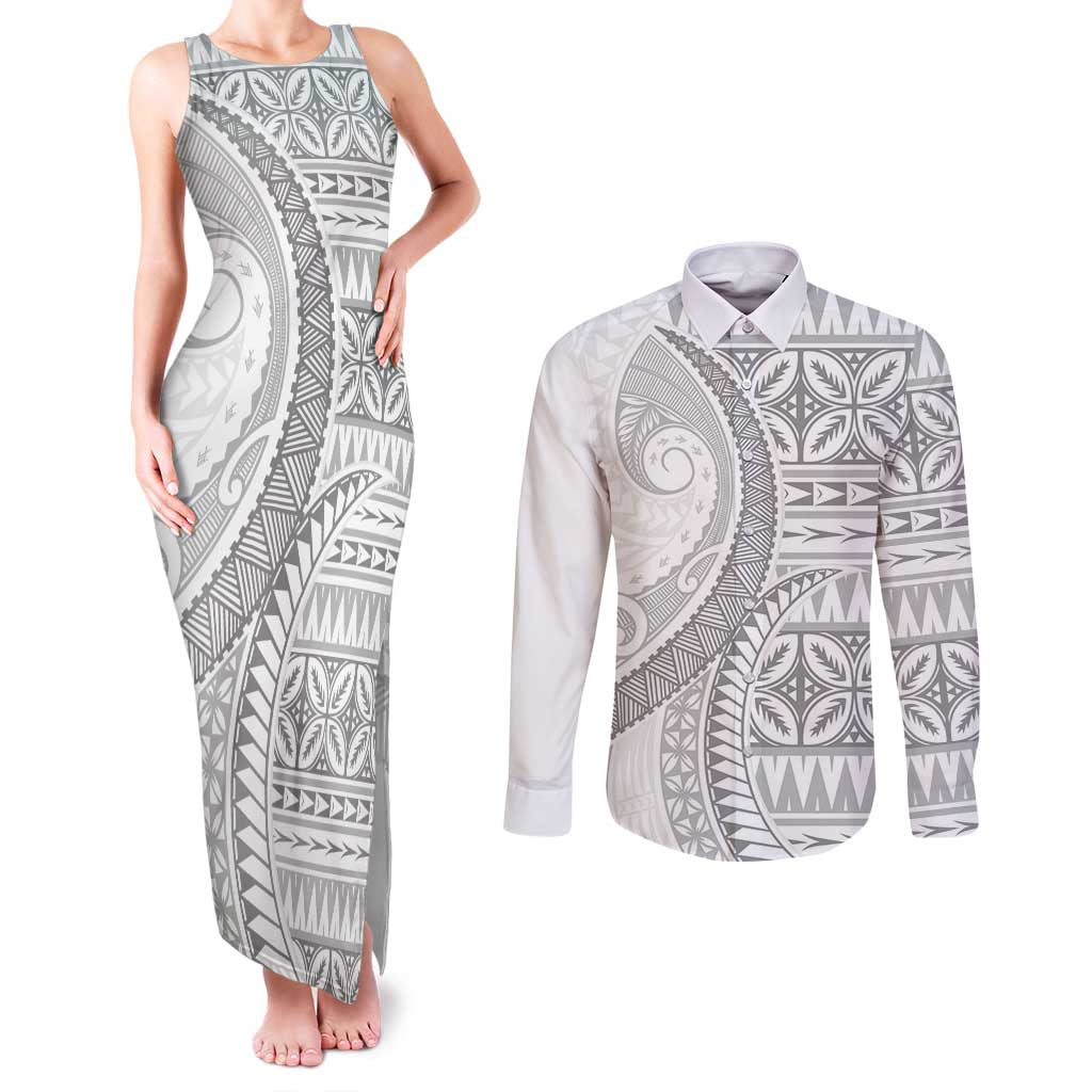 Polynesian White Sunday Couples Matching Tank Maxi Dress and Long Sleeve Button Shirt Lotu Tamaiti Melanesian Pattern LT9 White - Polynesian Pride
