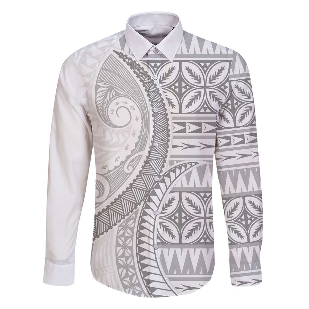 Polynesian White Sunday Family Matching Mermaid Dress and Hawaiian Shirt Lotu Tamaiti Melanesian Pattern LT9 Dad's Shirt - Long Sleeve White - Polynesian Pride