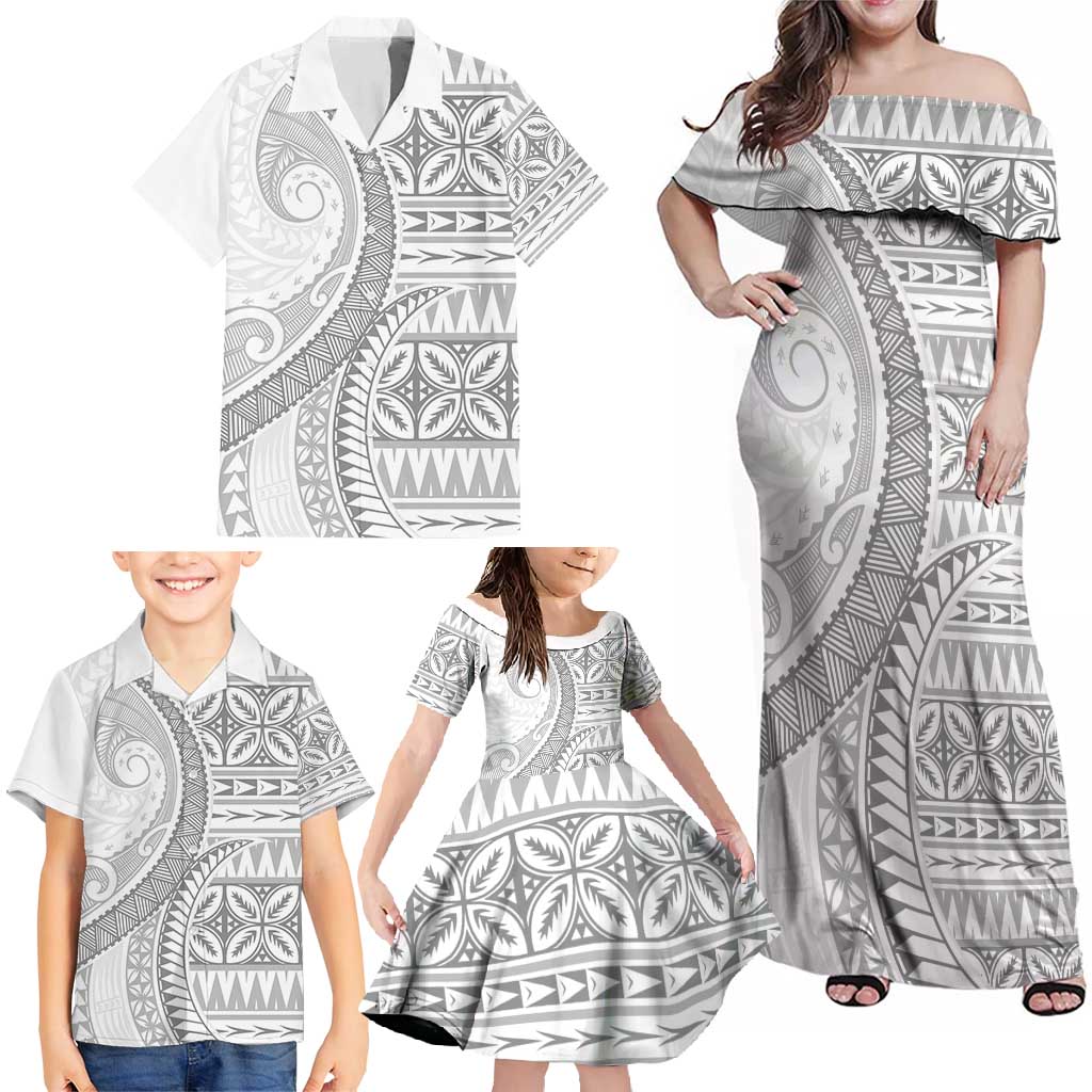 Polynesian White Sunday Family Matching Off Shoulder Maxi Dress and Hawaiian Shirt Lotu Tamaiti Melanesian Pattern LT9 - Polynesian Pride