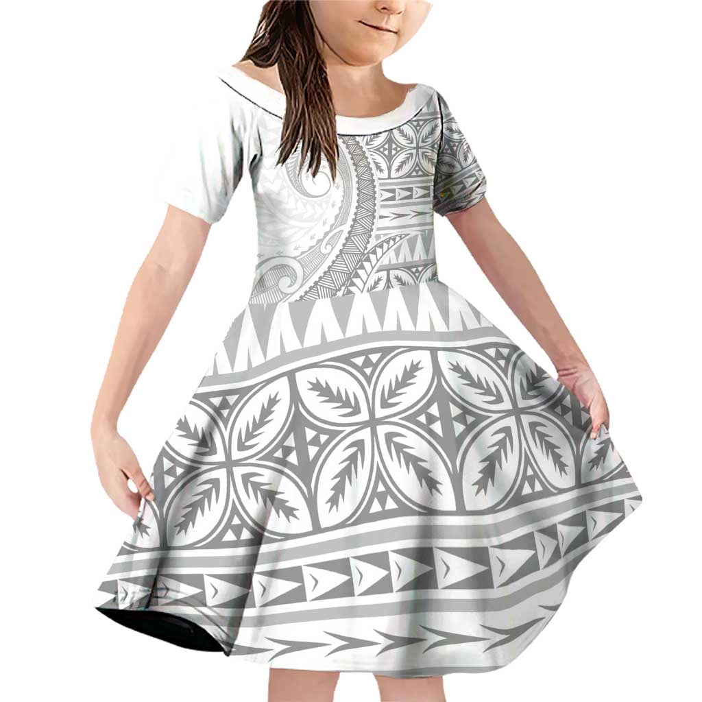 Polynesian White Sunday Family Matching Off Shoulder Short Dress and Hawaiian Shirt Lotu Tamaiti Melanesian Pattern LT9 Daughter's Dress White - Polynesian Pride
