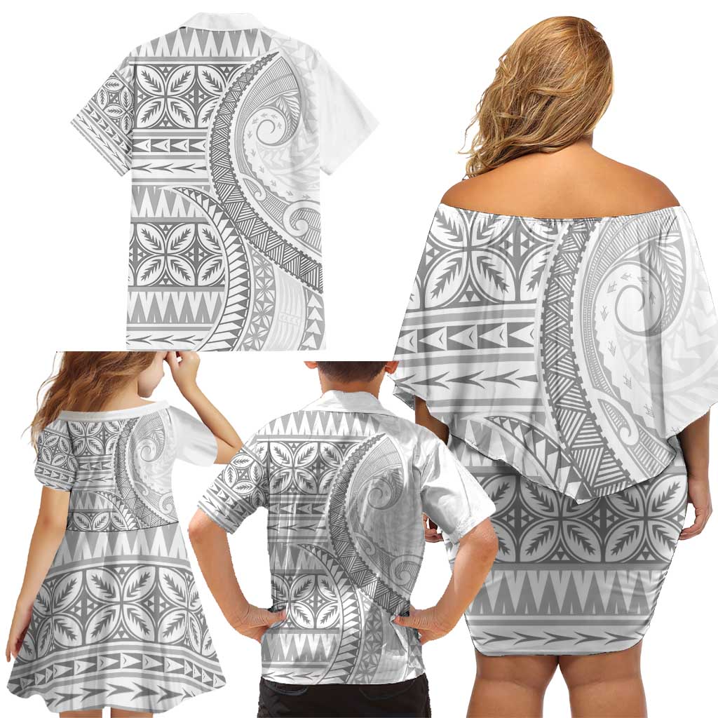 Polynesian White Sunday Family Matching Off Shoulder Short Dress and Hawaiian Shirt Lotu Tamaiti Melanesian Pattern LT9 - Polynesian Pride