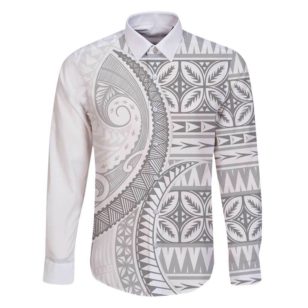 Polynesian White Sunday Family Matching Puletasi and Hawaiian Shirt Lotu Tamaiti Melanesian Pattern LT9 Dad's Shirt - Long Sleeve White - Polynesian Pride