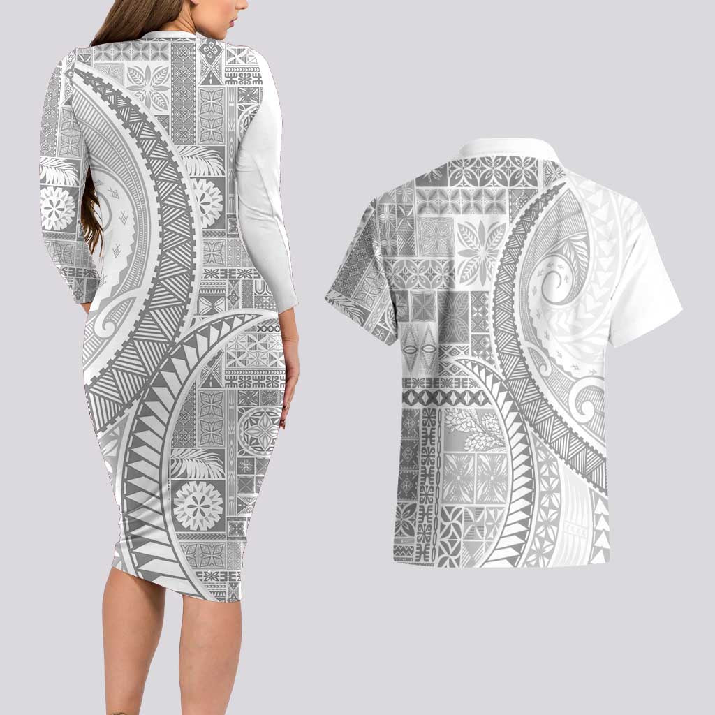 Samoa Siapo White Sunday Couples Matching Long Sleeve Bodycon Dress and Hawaiian Shirt Lotu Tamaiti Polynesian White Pattern LT9 - Polynesian Pride