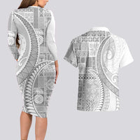 Samoa Siapo White Sunday Couples Matching Long Sleeve Bodycon Dress and Hawaiian Shirt Lotu Tamaiti Polynesian White Pattern LT9 - Polynesian Pride