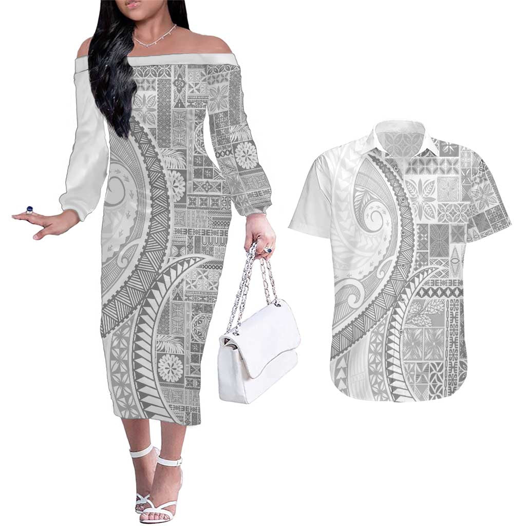 Samoa Siapo White Sunday Couples Matching Off The Shoulder Long Sleeve Dress and Hawaiian Shirt Lotu Tamaiti Polynesian White Pattern LT9 White - Polynesian Pride