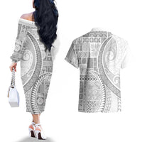 Samoa Siapo White Sunday Couples Matching Off The Shoulder Long Sleeve Dress and Hawaiian Shirt Lotu Tamaiti Polynesian White Pattern LT9 - Polynesian Pride