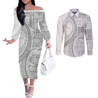 Samoa Siapo White Sunday Couples Matching Off The Shoulder Long Sleeve Dress and Long Sleeve Button Shirt Lotu Tamaiti Polynesian White Pattern LT9 White - Polynesian Pride