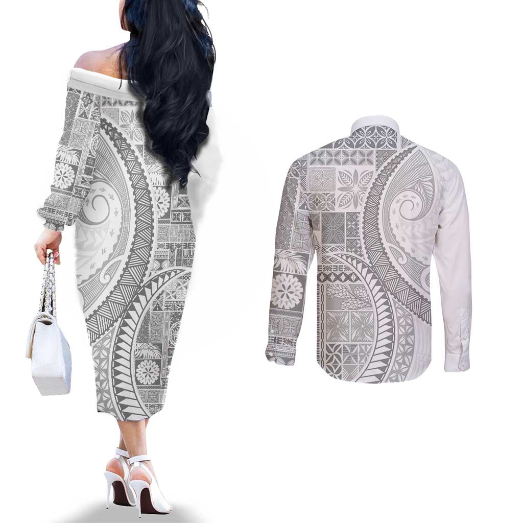 Samoa Siapo White Sunday Couples Matching Off The Shoulder Long Sleeve Dress and Long Sleeve Button Shirt Lotu Tamaiti Polynesian White Pattern LT9 - Polynesian Pride