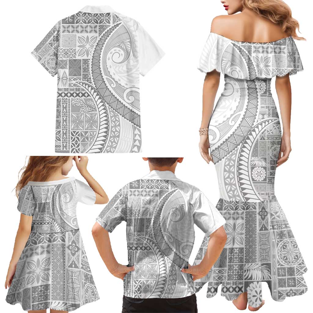 Samoa Siapo White Sunday Family Matching Mermaid Dress and Hawaiian Shirt Lotu Tamaiti Polynesian White Pattern LT9 - Polynesian Pride