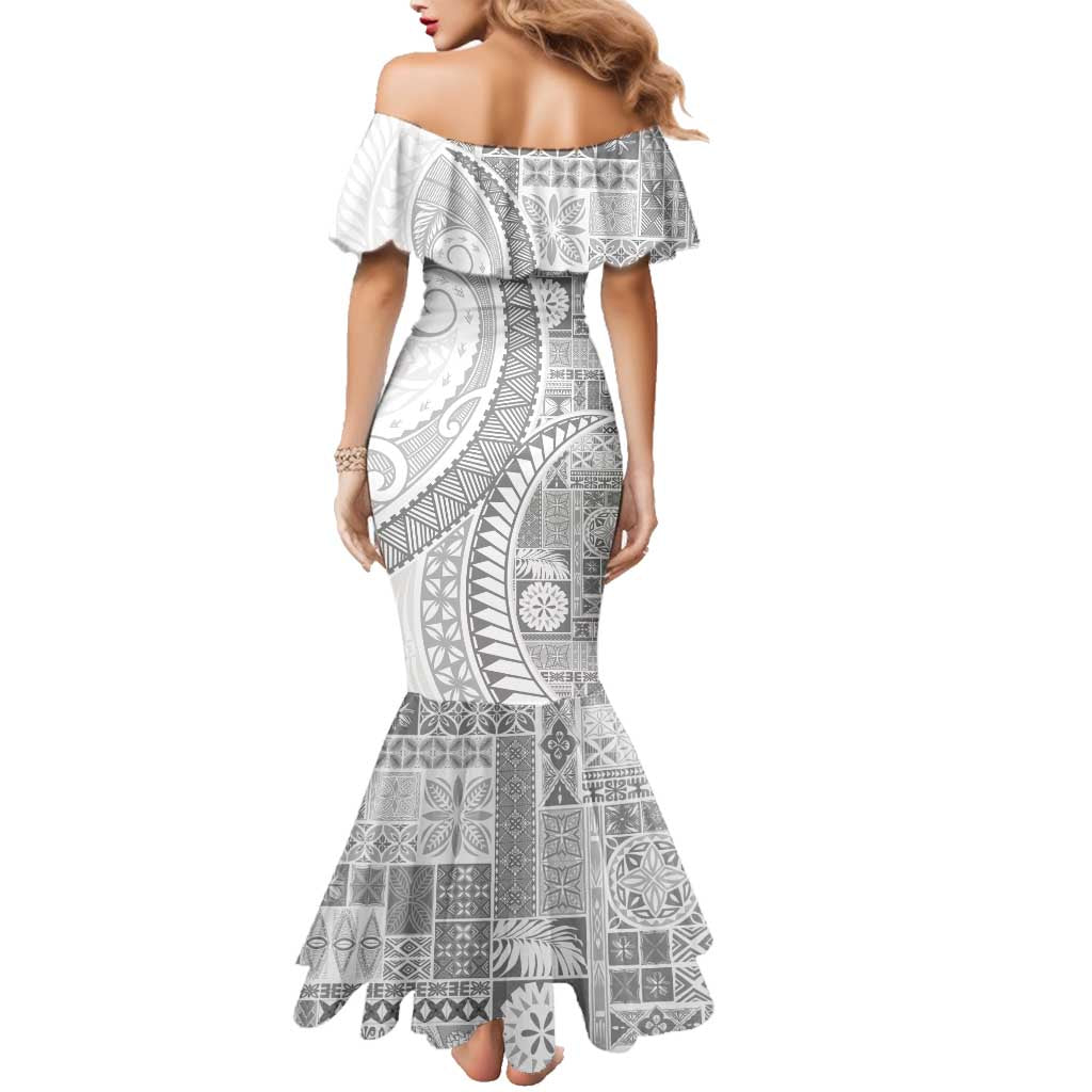 Samoa Siapo White Sunday Family Matching Mermaid Dress and Hawaiian Shirt Lotu Tamaiti Polynesian White Pattern LT9 - Polynesian Pride