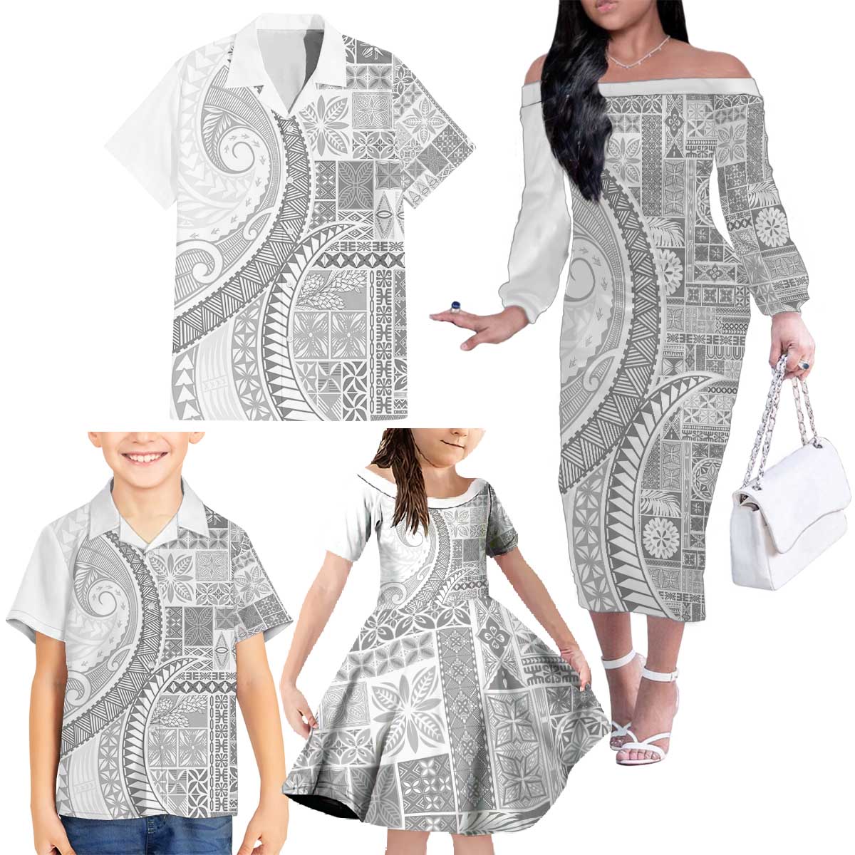 Samoa Siapo White Sunday Family Matching Off The Shoulder Long Sleeve Dress and Hawaiian Shirt Lotu Tamaiti Polynesian White Pattern LT9 - Polynesian Pride