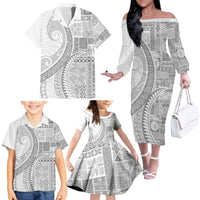 Samoa Siapo White Sunday Family Matching Off The Shoulder Long Sleeve Dress and Hawaiian Shirt Lotu Tamaiti Polynesian White Pattern LT9 - Polynesian Pride