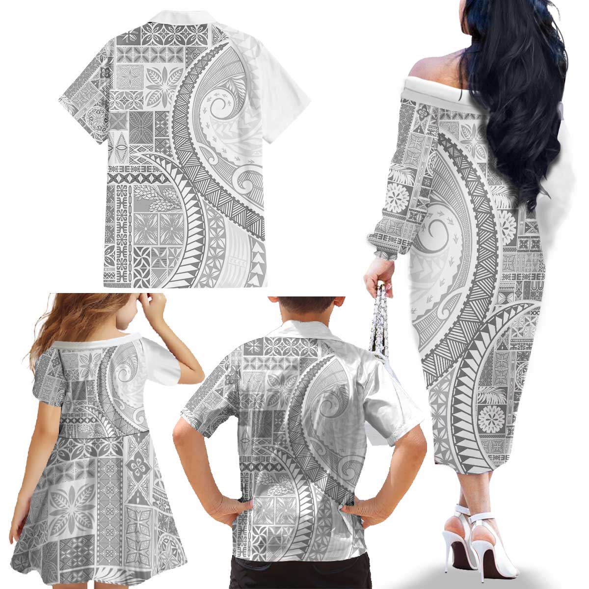 Samoa Siapo White Sunday Family Matching Off The Shoulder Long Sleeve Dress and Hawaiian Shirt Lotu Tamaiti Polynesian White Pattern LT9 - Polynesian Pride