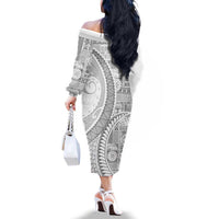 Samoa Siapo White Sunday Family Matching Off The Shoulder Long Sleeve Dress and Hawaiian Shirt Lotu Tamaiti Polynesian White Pattern LT9 - Polynesian Pride