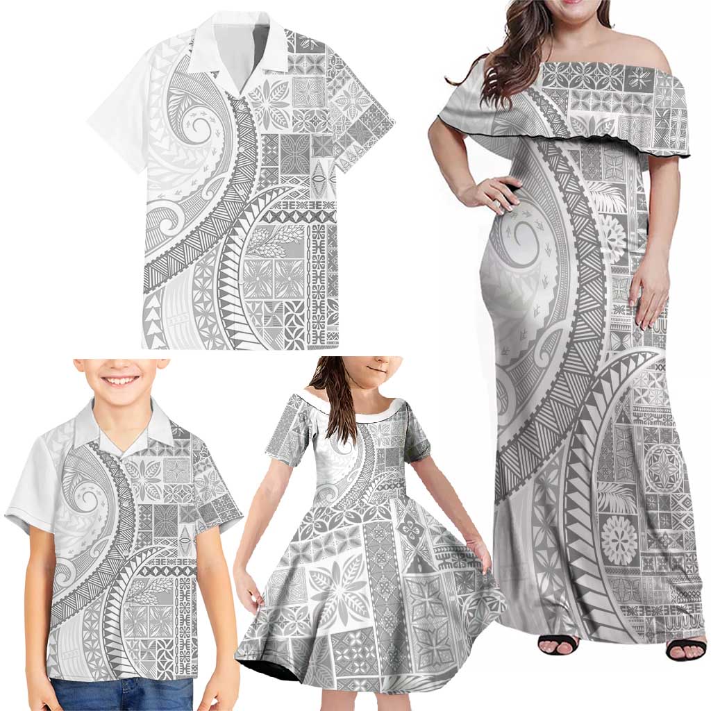 Samoa Siapo White Sunday Family Matching Off Shoulder Maxi Dress and Hawaiian Shirt Lotu Tamaiti Polynesian White Pattern LT9 - Polynesian Pride