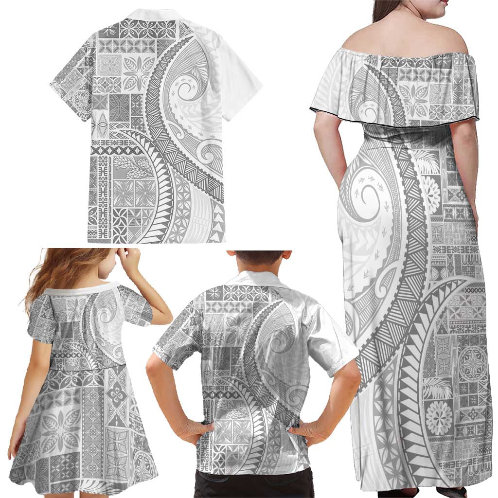 Samoa Siapo White Sunday Family Matching Off Shoulder Maxi Dress and Hawaiian Shirt Lotu Tamaiti Polynesian White Pattern LT9 - Polynesian Pride