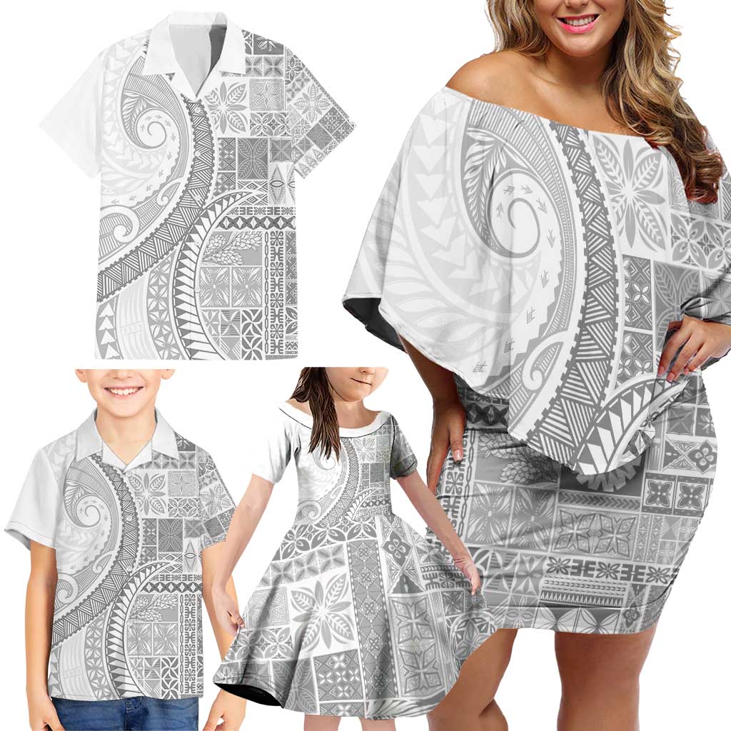 Samoa Siapo White Sunday Family Matching Off Shoulder Short Dress and Hawaiian Shirt Lotu Tamaiti Polynesian White Pattern LT9 - Polynesian Pride