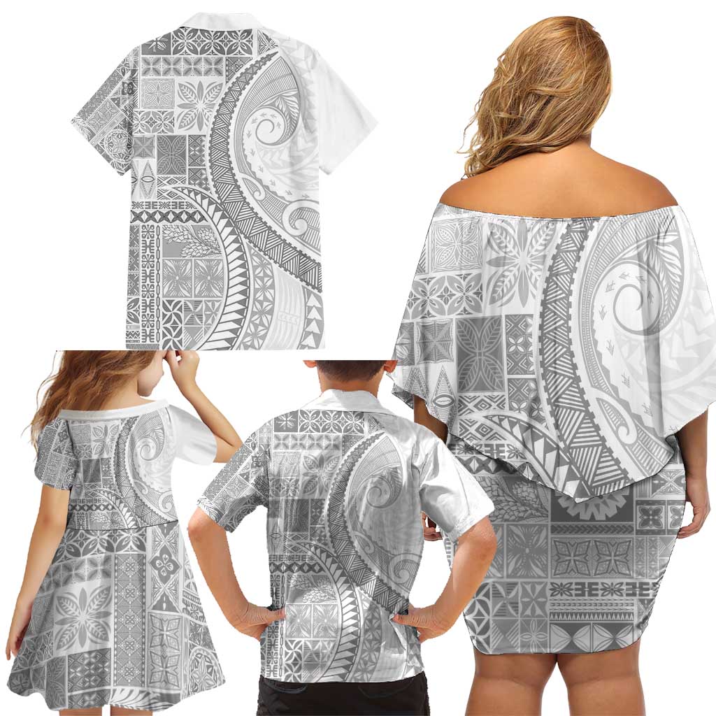 Samoa Siapo White Sunday Family Matching Off Shoulder Short Dress and Hawaiian Shirt Lotu Tamaiti Polynesian White Pattern LT9 - Polynesian Pride
