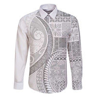 Samoa Siapo White Sunday Family Matching Off Shoulder Short Dress and Hawaiian Shirt Lotu Tamaiti Polynesian White Pattern LT9 Dad's Shirt - Long Sleeve White - Polynesian Pride