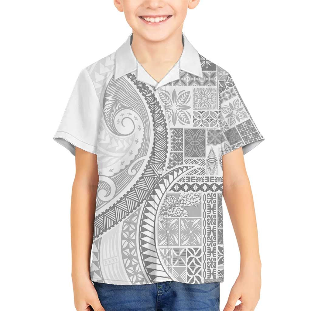 Samoa Siapo White Sunday Family Matching Off Shoulder Short Dress and Hawaiian Shirt Lotu Tamaiti Polynesian White Pattern LT9 Son's Shirt White - Polynesian Pride