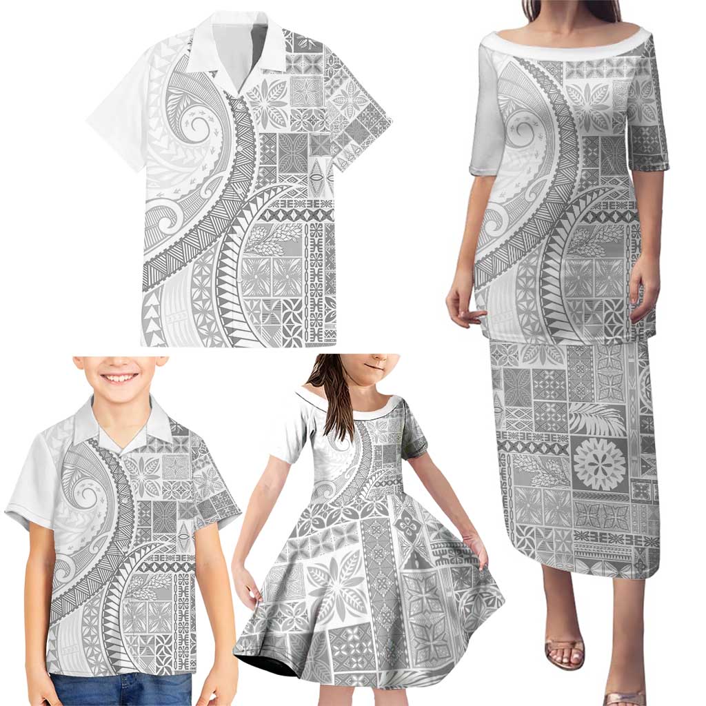 Samoa Siapo White Sunday Family Matching Puletasi and Hawaiian Shirt Lotu Tamaiti Polynesian White Pattern LT9 - Polynesian Pride