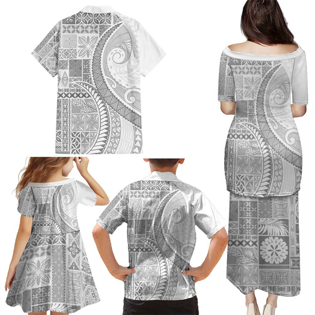 Samoa Siapo White Sunday Family Matching Puletasi and Hawaiian Shirt Lotu Tamaiti Polynesian White Pattern LT9 - Polynesian Pride