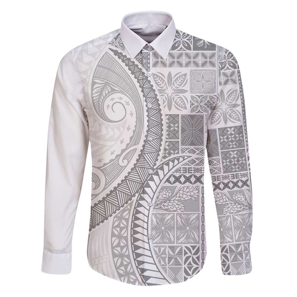 Samoa Siapo White Sunday Family Matching Puletasi and Hawaiian Shirt Lotu Tamaiti Polynesian White Pattern LT9 Dad's Shirt - Long Sleeve White - Polynesian Pride