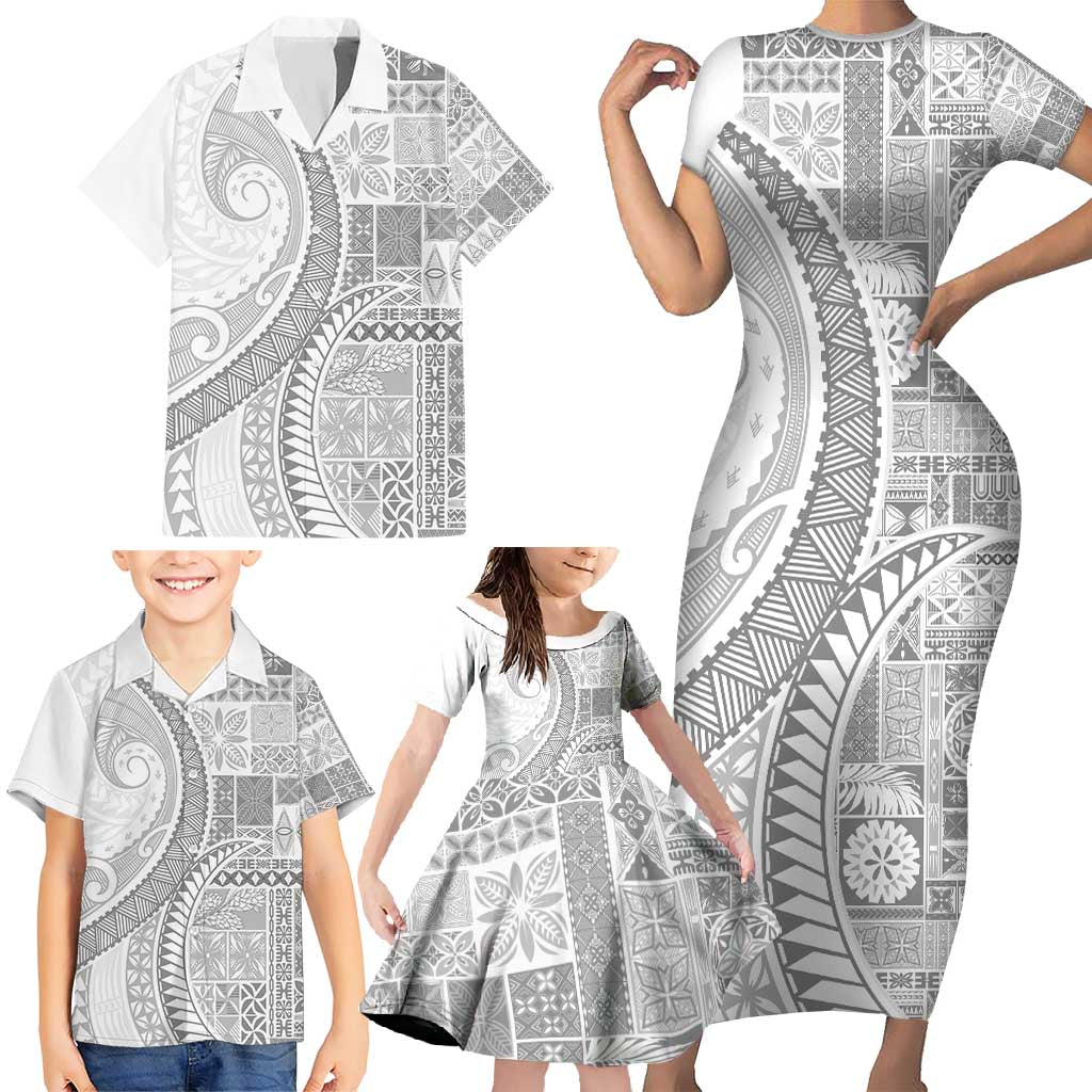 Samoa Siapo White Sunday Family Matching Short Sleeve Bodycon Dress and Hawaiian Shirt Lotu Tamaiti Polynesian White Pattern LT9 - Polynesian Pride