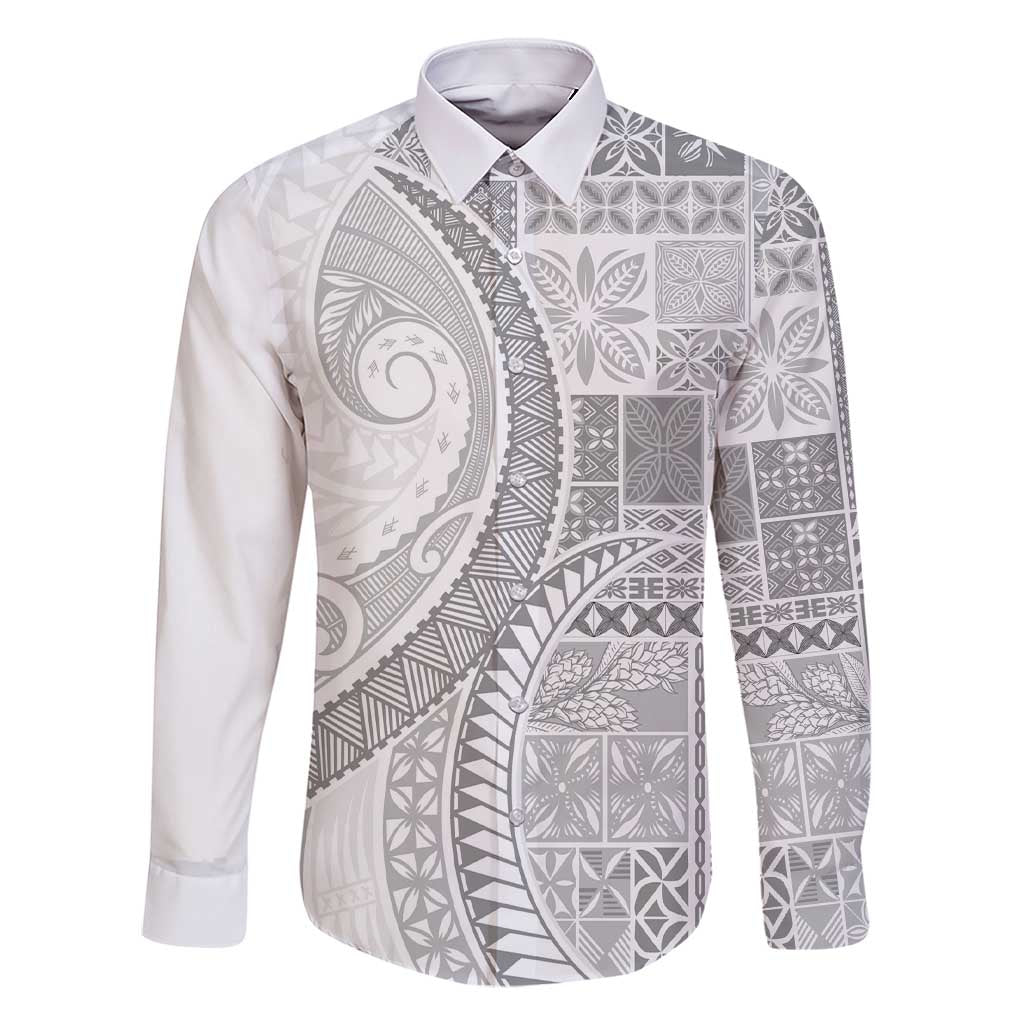 Samoa Siapo White Sunday Family Matching Short Sleeve Bodycon Dress and Hawaiian Shirt Lotu Tamaiti Polynesian White Pattern LT9 Dad's Shirt - Long Sleeve White - Polynesian Pride