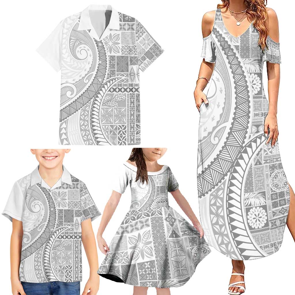 Samoa Siapo White Sunday Family Matching Summer Maxi Dress and Hawaiian Shirt Lotu Tamaiti Polynesian White Pattern LT9 - Polynesian Pride