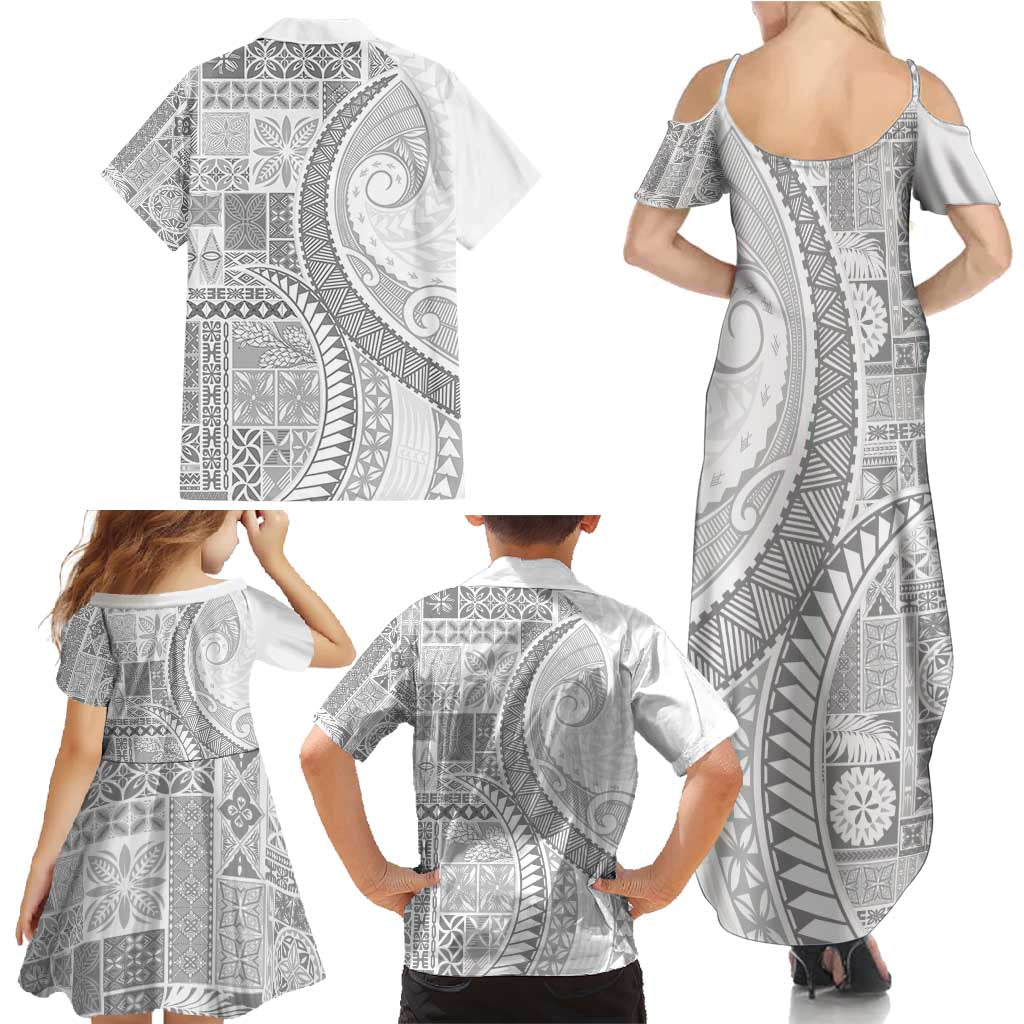 Samoa Siapo White Sunday Family Matching Summer Maxi Dress and Hawaiian Shirt Lotu Tamaiti Polynesian White Pattern LT9 - Polynesian Pride