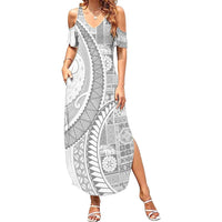 Samoa Siapo White Sunday Family Matching Summer Maxi Dress and Hawaiian Shirt Lotu Tamaiti Polynesian White Pattern LT9 Mom's Dress White - Polynesian Pride